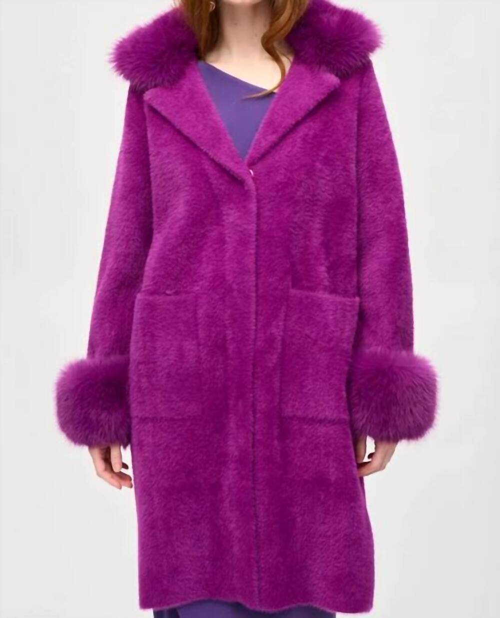 NEW JOSEPH RIBKOFF faux fur and feather yarn coat in empress
